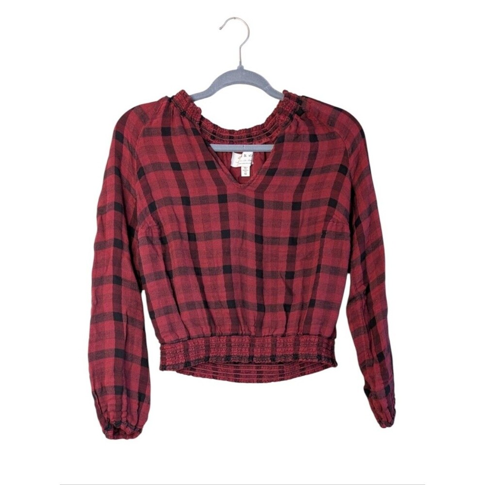 Cloth & Stone Anthropologie Sara Plaid Blouse Red Black Smocked Long Sleeve XS